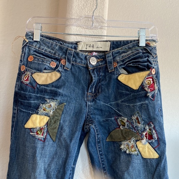 Yag Denim flare Lowrise suede leather accents bohemian Gypsy hippie cottagecore - Picture 2 of 11